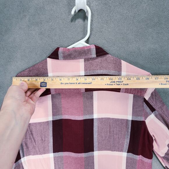 Tommy Hilfiger Button Up Shirt sz M Women Buffalo Plaid Red Purple Pink Roll Tab - Picture 5 of 12